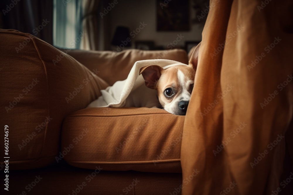 A puppy dog hides behind the sofa. Generative AI