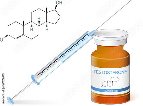 Testosterone injection. Syringe, and vial for injection. 