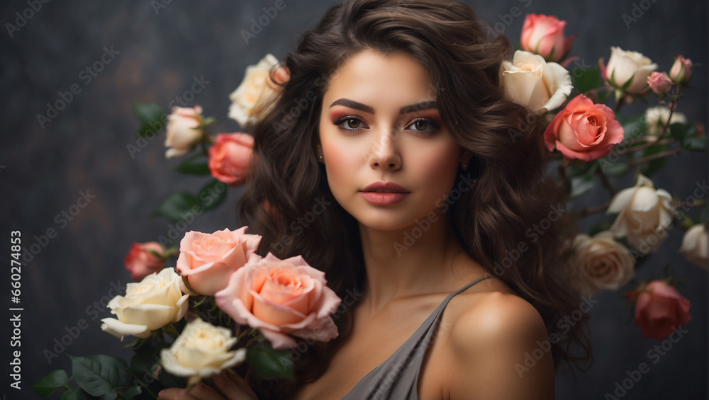 Beautiful white girl with roses. Stunning brunette girl with flowers. Closeup face of young beautiful woman with a healthy clean skin. Pretty woman with bright makeup Beautiful white girl with roses. Stunning brunette girl with flowers. Closeup face of young beautiful woman with a healthy clean skin. Pretty woman with bright makeup