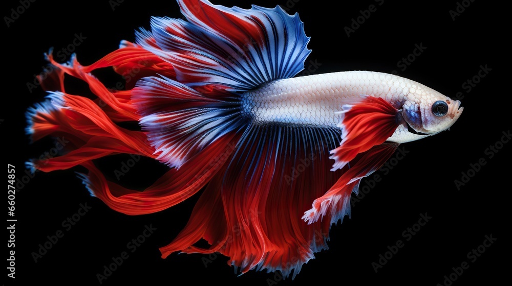 Small fish, Siamese fighting fish, Red fighting fish isolated on black background