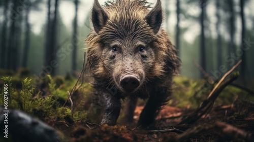 Close - up portrait of a wild boar in a clearing in the forest