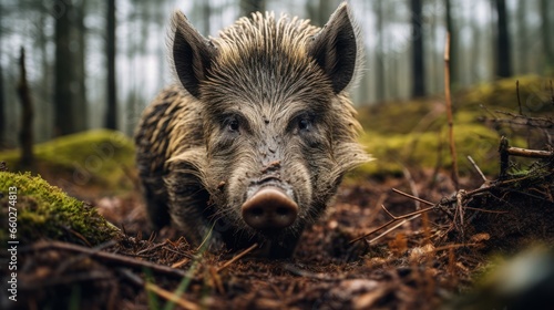 Close - up portrait of a wild boar in a clearing in the forest © sirisakboakaew
