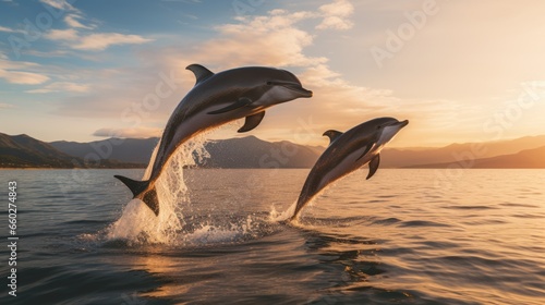 Dolphins leaping in Costa Rica Central America © sirisakboakaew