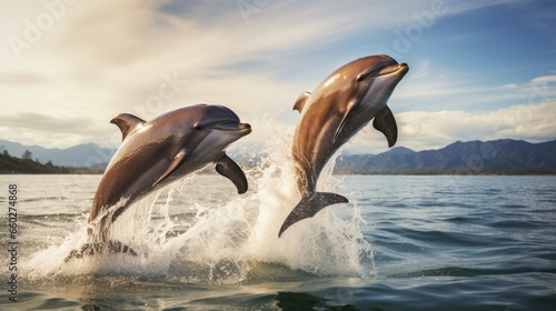 Dolphins leaping in Costa Rica Central America © sirisakboakaew