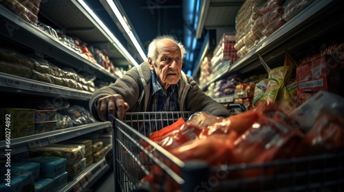 Elderly man takes groceries from a store shelf with full shopping cart in supermarket