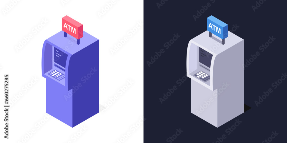 Icon isometric atm cash machines isolated on two different backgrounds. Vector illustration. Icon isometric atm cash machines isolated on two different backgrounds. Vector illustration.