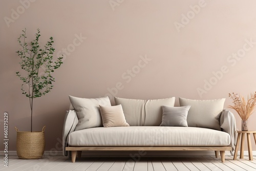 Canapé moderne dans une pièce neutre, dans un style de mise en scène minimaliste, multicolore, cottagecore, palettes de couleurs multiples, maquette. IA générative, IA © MiniMaxi