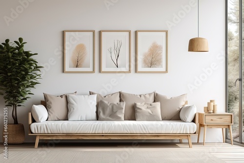 Canapé moderne dans une pièce neutre, dans un style de mise en scène minimaliste, multicolore, cottagecore, palettes de couleurs multiples, maquette. IA générative, IA photo