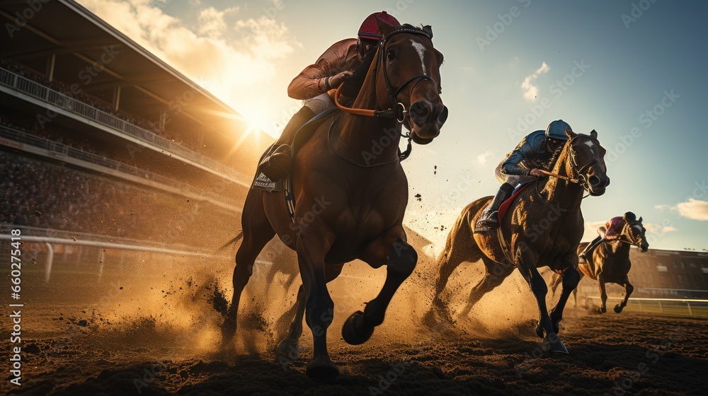 Horse racing, horses and jockeys battling for first position on the race track