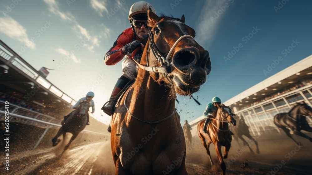 Horse racing, horses and jockeys battling for first position on the race track - obrazy, fototapety, plakaty 