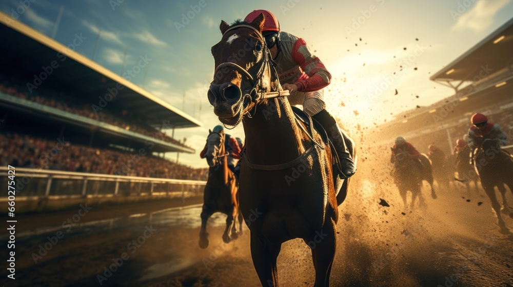 Horse racing, horses and jockeys battling for first position on the race track - obrazy, fototapety, plakaty 