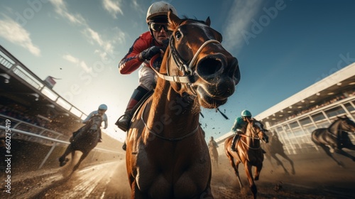 Fotografia Horse racing, horses and jockeys battling for first position on the race track