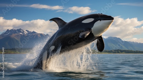 Kamchatka s orca performing impressive leap in Northwest Pacific © sirisakboakaew