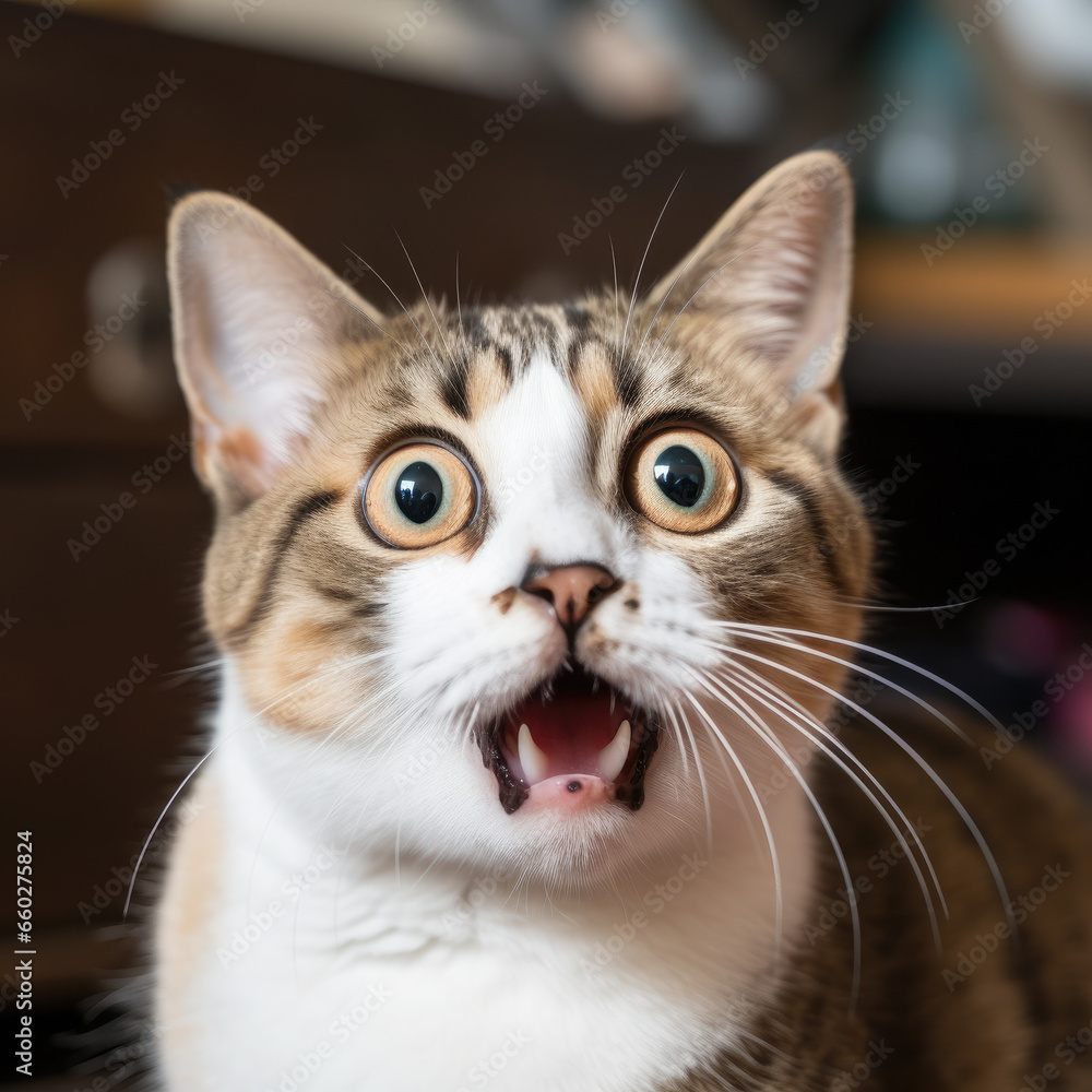 fluffy domestic cat with wide eyes and an open mouth is surprised, emotional portrait of an animal, shocked look, meowing, screaming, facial expression, home pet, feline, whiskers, fur