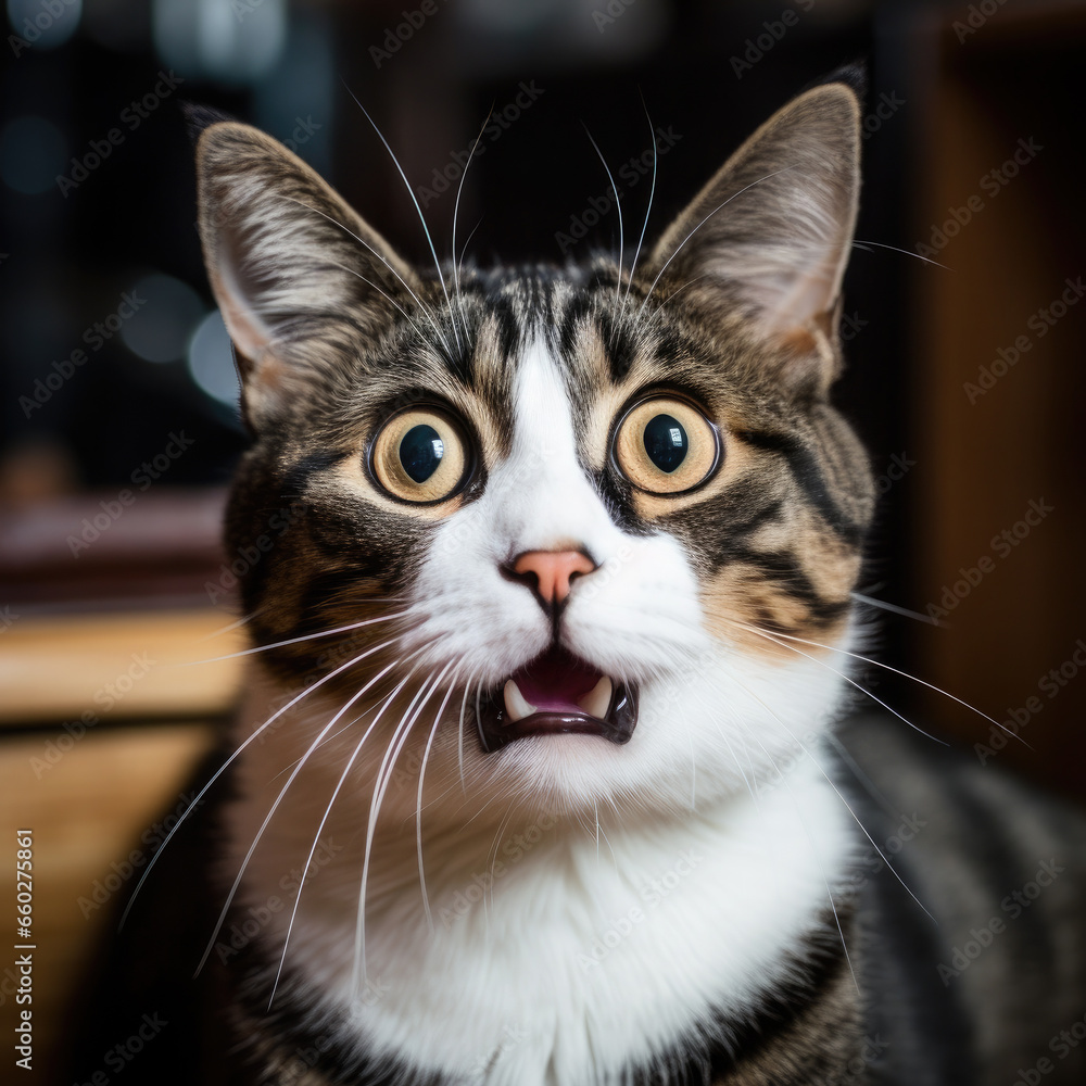 fluffy domestic cat with wide eyes and an open mouth is surprised, emotional portrait of an animal, shocked look, meowing, screaming, facial expression, home pet, feline, whiskers, fur