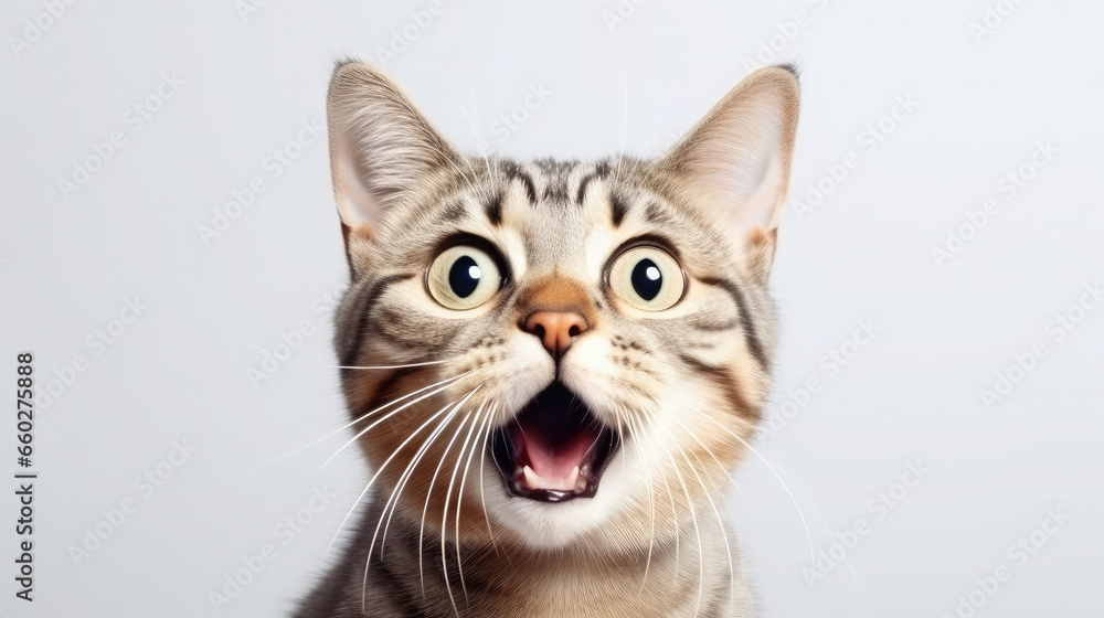 fluffy domestic cat with wide eyes and an open mouth is surprised, emotional portrait of an animal, shocked look, meowing, screaming, facial expression, home pet, feline, whiskers, fur