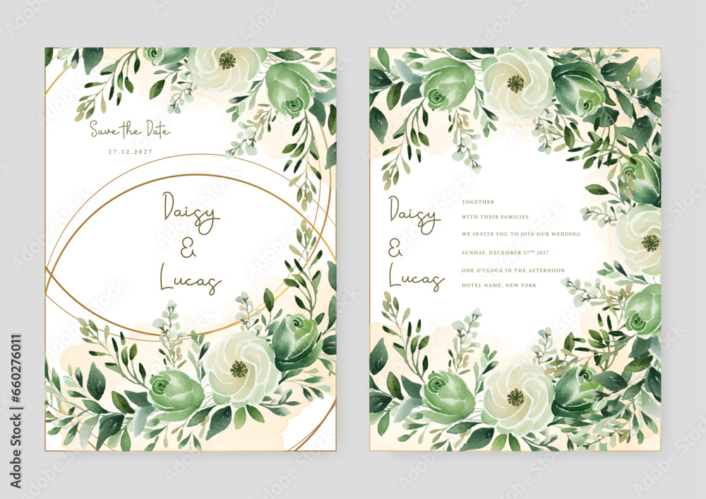 White and green rose elegant wedding invitation card template with watercolor floral and leaves