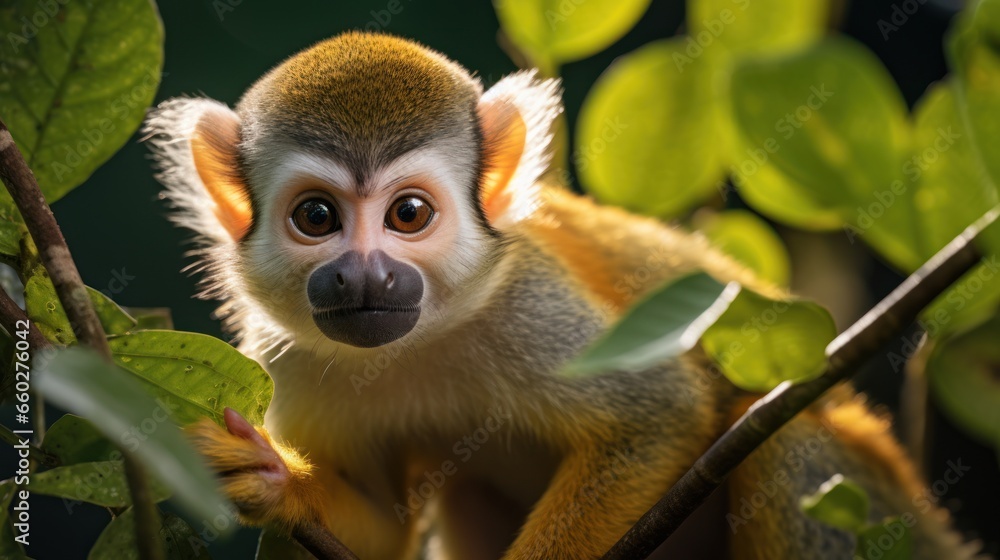 Fototapeta premium Observe the Ecuadorian jungles squirrel monkey in the Amazon