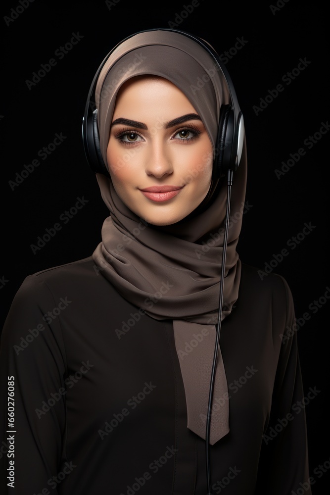 Portrait of young beautiful Muslim business woman call center operator