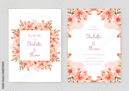 Peach sakura set of wedding invitation template with shapes and flower floral border