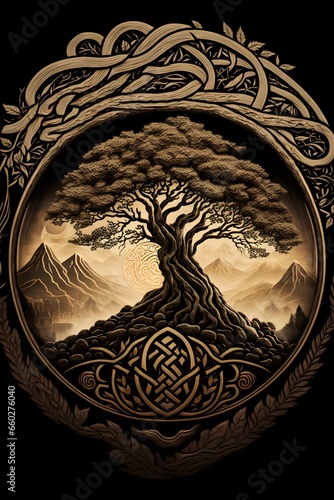 yggdrasil on a mountain engraved in ringerike knotwork  photo