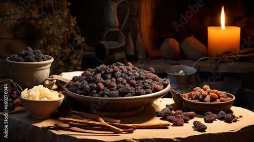 Organic dried grapes arranged in a rustic still life