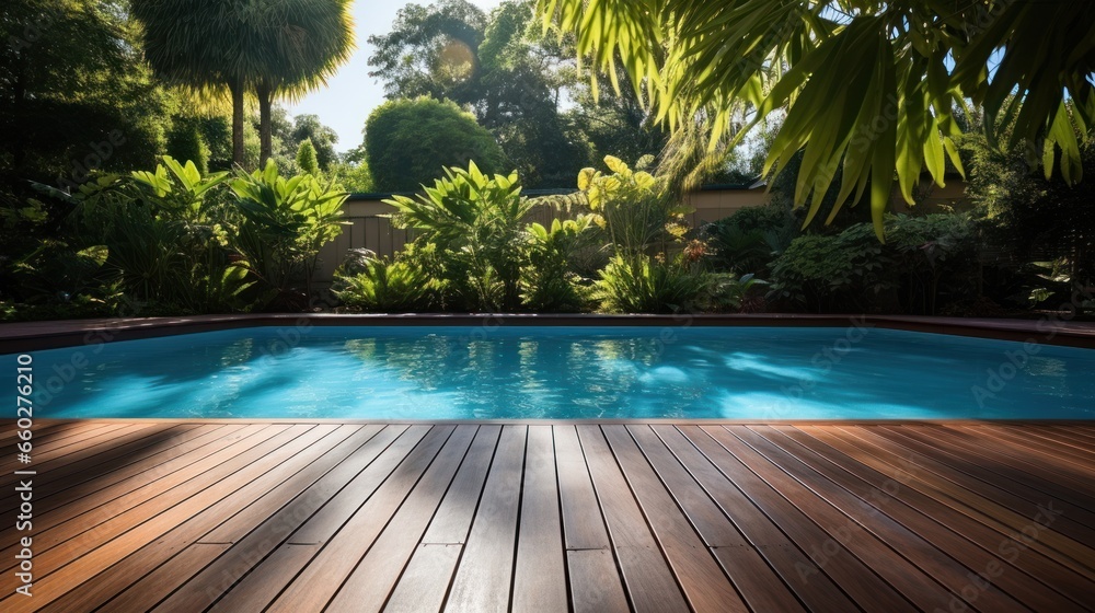 Swimming pool in garden, Wooden floor - obrazy, fototapety, plakaty 