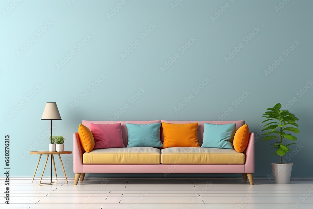Canapé moderne dans une pièce neutre, dans un style de mise en scène minimaliste, multicolore, cottagecore, palettes de couleurs multiples, maquette, rendu 3d, design d'intérieur, inspiration. IA géné - obrazy, fototapety, plakaty 