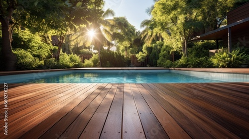 Swimming pool in garden, Wooden floor
