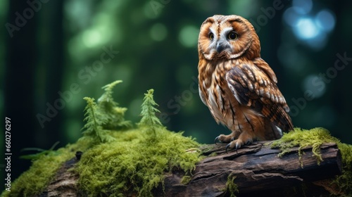 Tawny owl perched on stone in forest Clear green backdrop