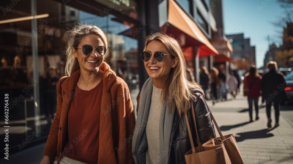 Two women shopping on road at city