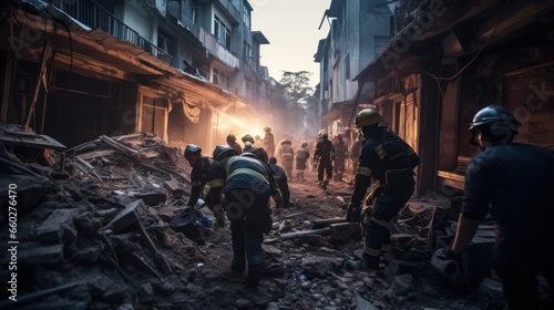 Volunteer and rescue forces searching through a destroyed victims in building and streets after earthquake