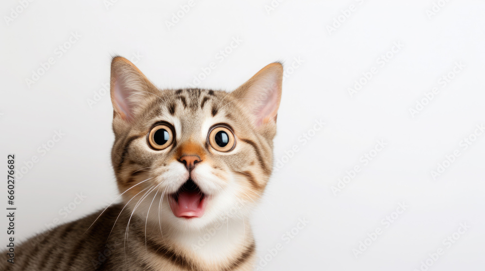 fluffy domestic cat with wide eyes and an open mouth is surprised, emotional portrait of an animal, shocked look, meowing, screaming, facial expression, home pet, feline, whiskers, fur