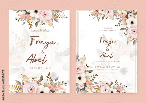 Pink and beige rose and poppy modern wedding invitation template with floral and flower