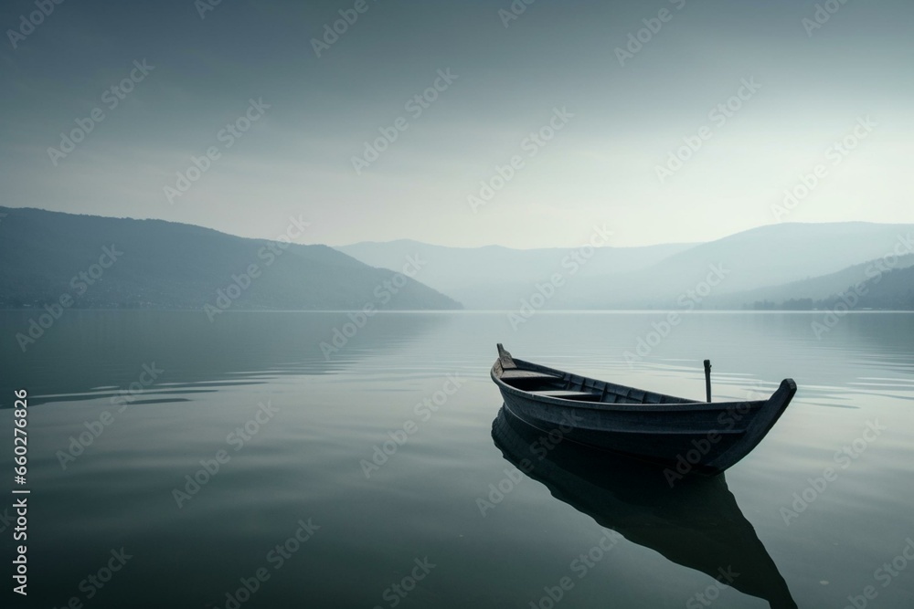 Serenity on water: A solitary boat amidst expansive lake, epitomizing the majestic beauty of a secluded voyage. Generative AI