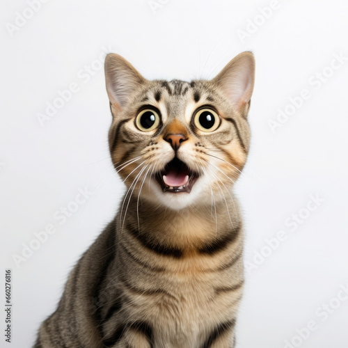 fluffy domestic cat with wide eyes and an open mouth is surprised, emotional portrait of an animal, shocked look, meowing, screaming, facial expression, home pet, feline, whiskers, fur © Julia Zarubina