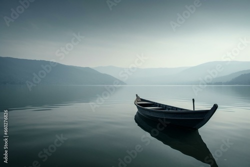 Serenity on water: A solitary boat amidst expansive lake, epitomizing the majestic beauty of a secluded voyage. Generative AI © Christopher