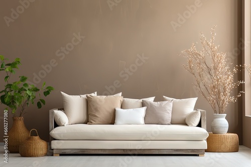 Canapé moderne dans une pièce neutre, dans un style de mise en scène minimaliste, multicolore, cottagecore, palettes de couleurs multiples, maquette, rendu 3d, design d'intérieur, inspiration mobilier © MiniMaxi