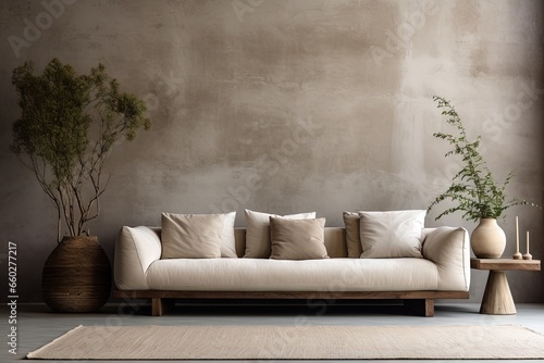Canapé moderne dans une pièce neutre, dans un style de mise en scène minimaliste, multicolore, cottagecore, palettes de couleurs multiples, maquette, rendu 3d, design d'intérieur, inspiration mobilier
