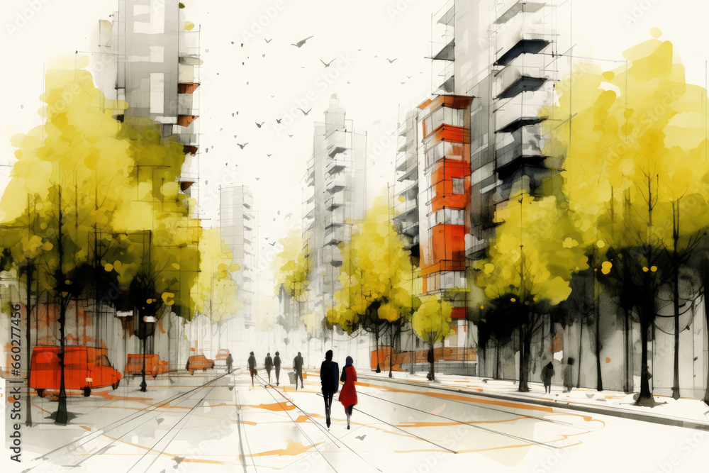 Autumn streets and high-rise buildings of a modern eco-city. Sustainable urban design for the future