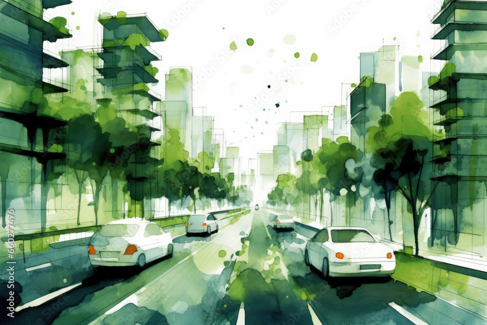 Streets and high-rise buildings of a modern eco-city. Sustainable urban ... - Eco Conscious High Rise Urban Design