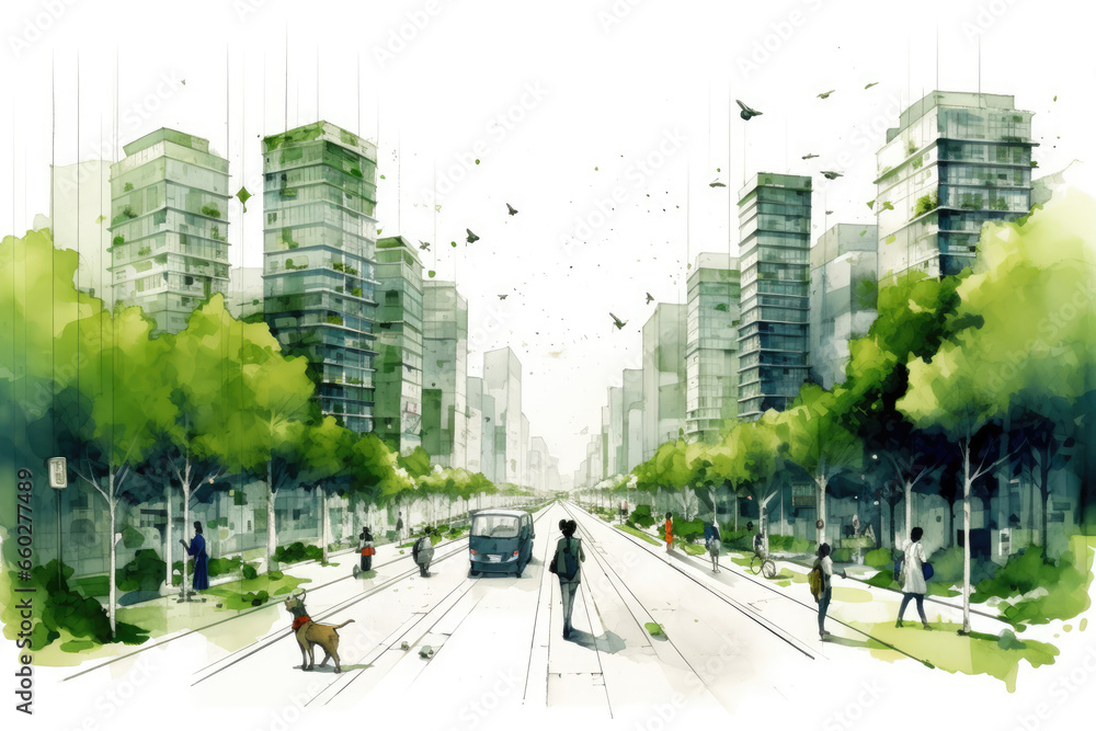 Streets and high-rise buildings of a modern eco-city. Sustainable urban ...