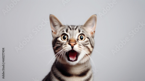 fluffy domestic cat with wide eyes and an open mouth is surprised, emotional portrait of an animal, shocked look, meowing, screaming, facial expression, home pet, feline, whiskers, fur © Julia Zarubina