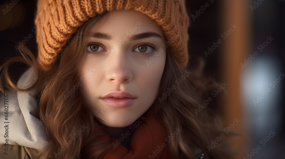 Close-up of a beautiful, modern young woman wearing fashionable winter clothing. Clothes in warm brown tones Close-up of a beautiful, modern young woman wearing fashionable winter clothing. Clothes in warm brown tones