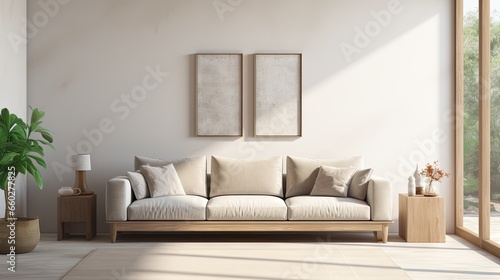 Canapé moderne dans une pièce neutre, dans un style de mise en scène minimaliste, multicolore, cottagecore, palettes de couleurs multiples, maquette, design d'intérieur. IA générative, IA © Merilno