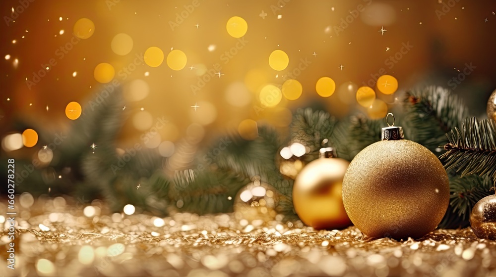 Fototapeta premium Christmas ball with fir leaves on the glitter background AI Generative