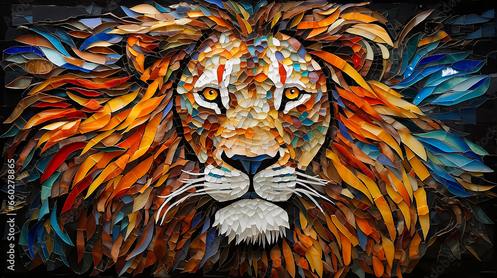 The portrait of a lion with a big beautiful mane is made of a multicolored mosaic of smalt. Each element of the mosaic is ordered, creating a picturesque combination of colors, textures and shades.
