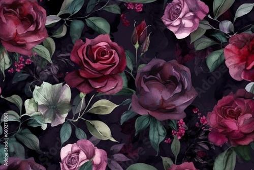Dark seamless pattern of watercolor roses. Generative AI
