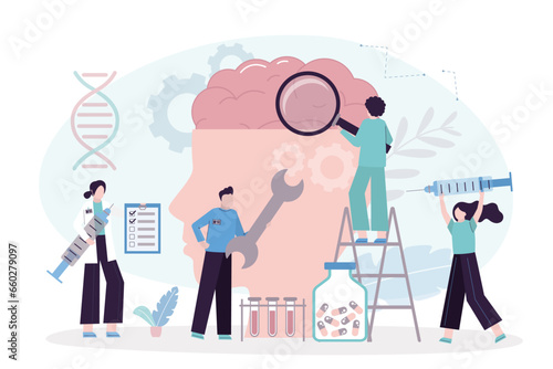 Doctors and nurses doing checkup brain procedure. Medical test, diagnostic check up of brain health. Neurology, internal organ inspection examination treatment.