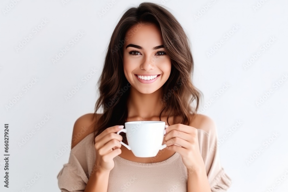 Close up of a young woman holding coffee cup in the morning on white background. Generative Ai Close up of a young woman holding coffee cup in the morning on white background. Generative Ai
